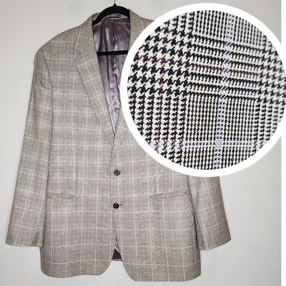 Ralph Lauren Silk Wool Plaid Blazer Mens Size 46L Black Beige Blue Purple Plaid - Picture 1 of 16
